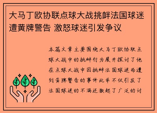 大马丁欧协联点球大战挑衅法国球迷遭黄牌警告 激怒球迷引发争议