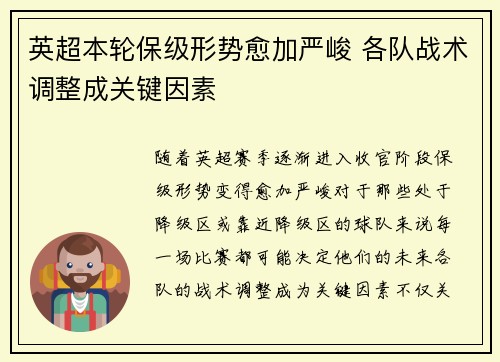 英超本轮保级形势愈加严峻 各队战术调整成关键因素